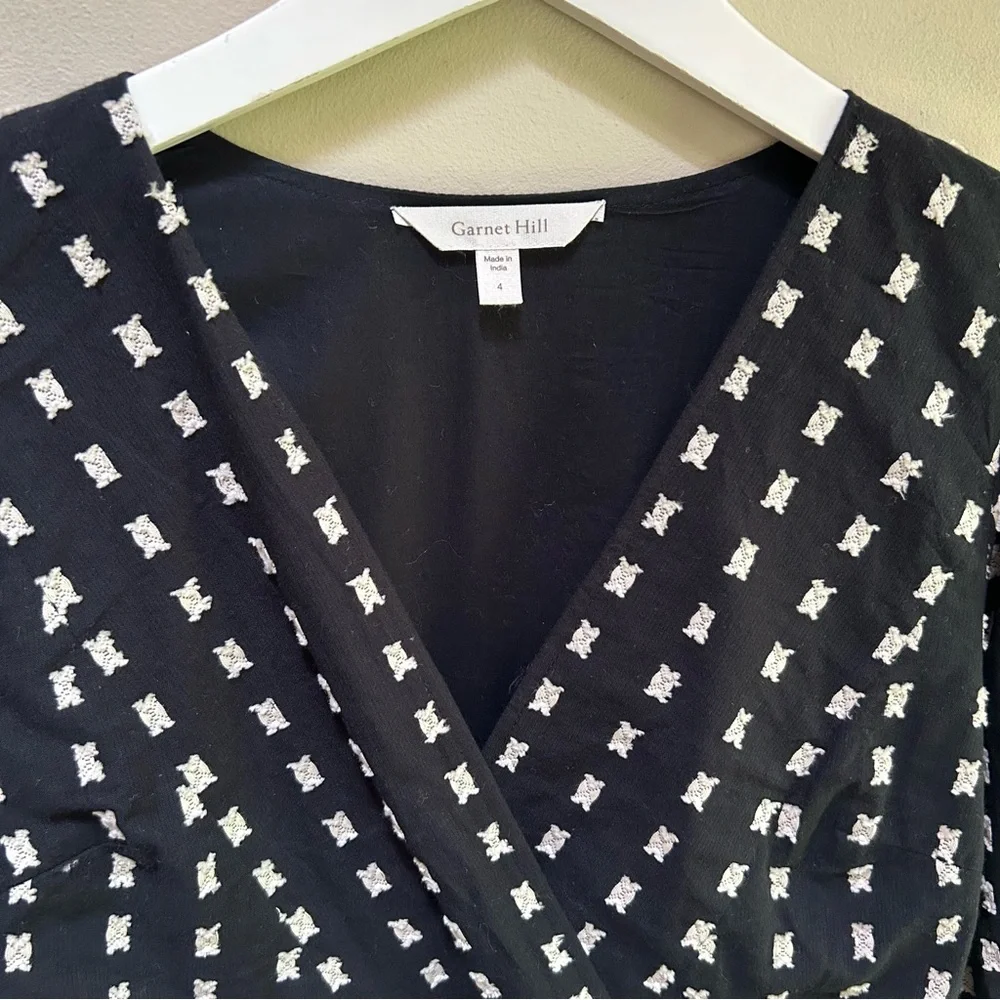 Garnet Hill ~new ~ Black Onyx Organic-Cotton Clip-Dot V-Neck Dress in size 4